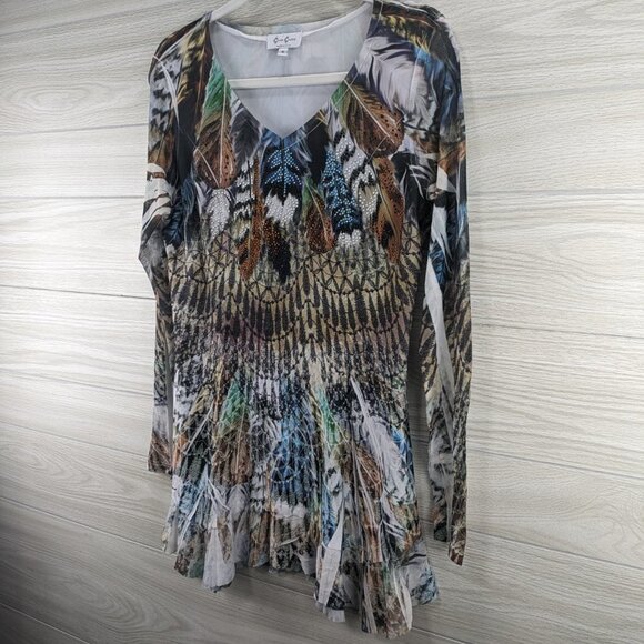 Sheer Sleeve Bling Feather Print Long Sleeve Top - Picture 2 of 11